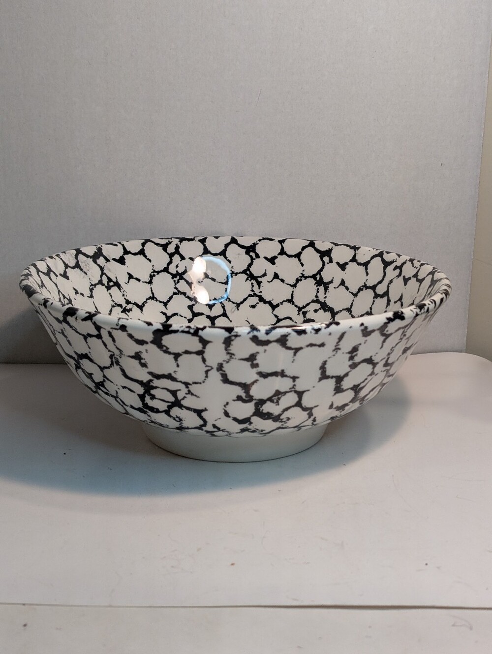 Large Mixing Bowl Italian, Black Sponge On White Ceramic, Vintage.